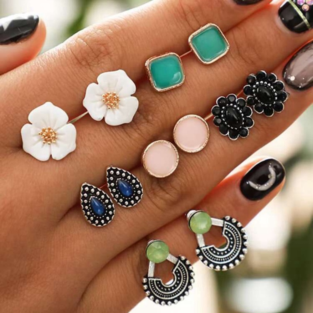 6 Pairs Flower and Various Styles of Stud Earrings Set